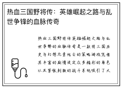 热血三国野将传：英雄崛起之路与乱世争锋的血脉传奇